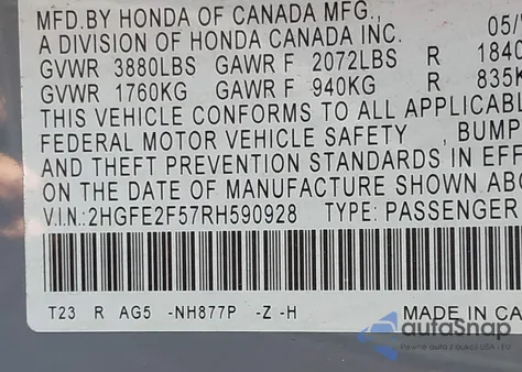 2024 Honda Civic Sport z USA, uszkodzony, nr VIN 2HGFE2F57RH590928